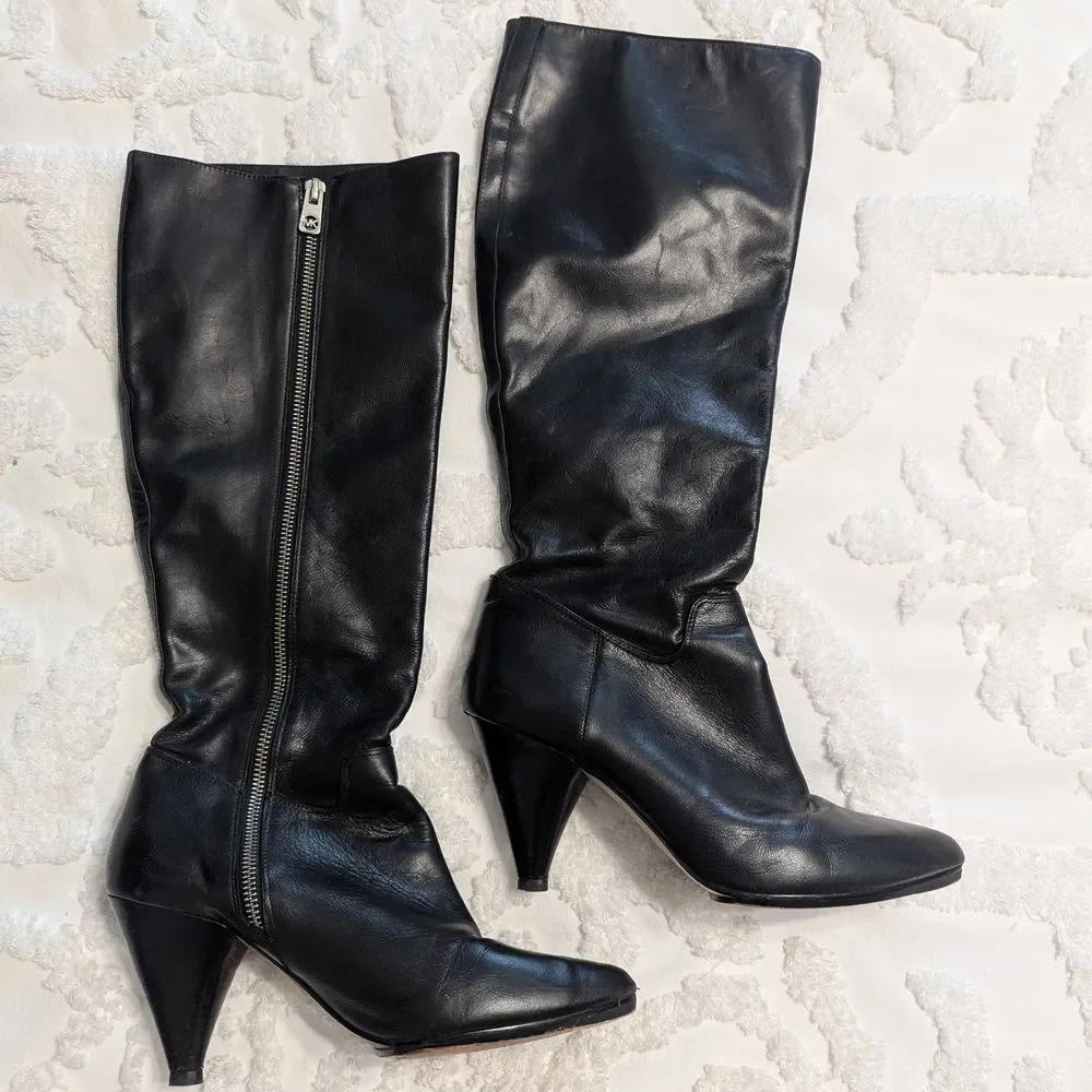 👢 Michael Kors Black Leather Knee High Boots Women’s 8.5M – Pointed Toe - Picture 4 of 10